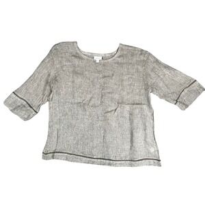 Pure Jill J. Jill L 100% Linen Top Taupe Oatmeal 3/4 Sleeve Trim Woven Summer